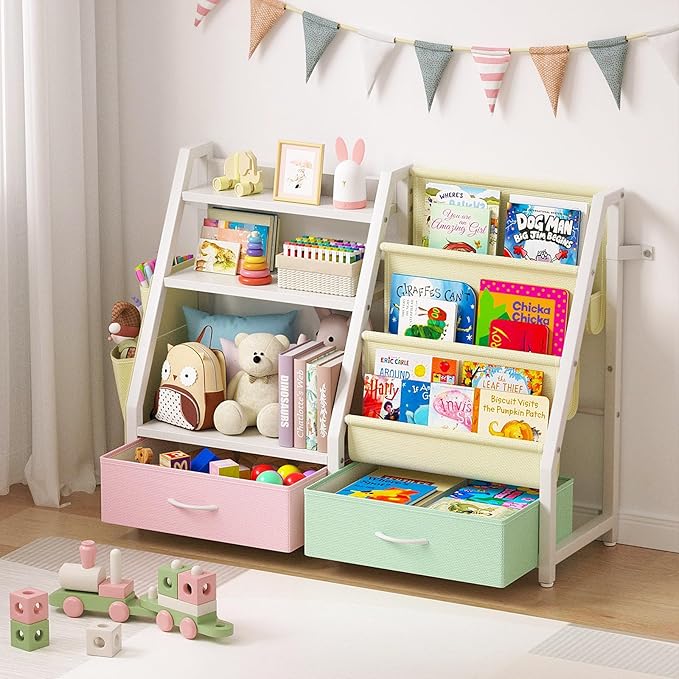 Kids Bookshelf and Toy Storage, Sturdy 3 Tier Kids Bookcase, Sling Bookshelf and 2 Toy Boxes, Toddler Montessori Bookshelf with Toy Organizer, for Kids Room, Game Room, Nursery