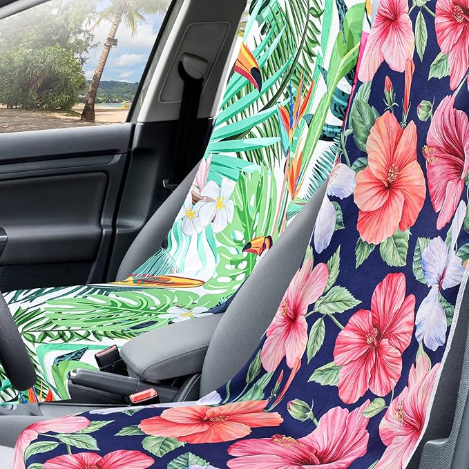 Hahafelt 4 Pack Car Seat Towel Covers with Storage Bag 63 x 32 Inch Athletic Running Towel Seat Sweat Washable Non Slip Cover Gift for Car Outdoor Sport Activities (Tropical Summer Flower)