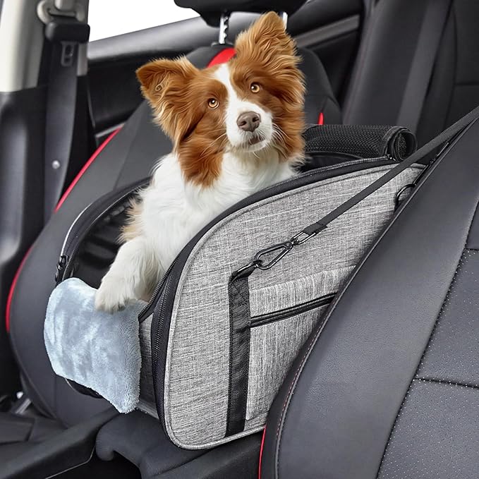 Dog Car Seat for Small Dog - Center Console Dog Car Seat with Double Protection Safety Belt and Non-Slip Bottom, Portable Pet Booster Seat with Washable Cushion & Storage Pocket, Grey