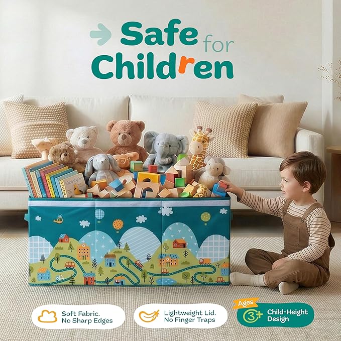 Extra Large Toy Storage Organizer with Lid - Sturdy, Collapsible Toy Chest Storage Box with Cute Design - Toys Bin with Dividers for Kids, Boys, Girls, Nursery, Bedroom, Play room 37"x16"x14"