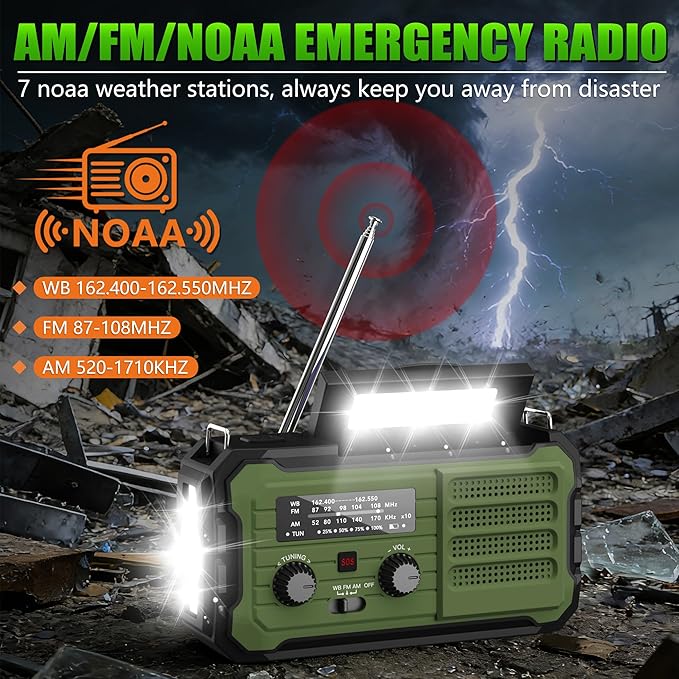 Emergency Radio Hand Crank Solar, 10000mAh/37000mWh Emergency Weather Radio, Hand Crank Solar Radios with NOAA/AM/FM, Thermal Blanket, Survival Bracelet, for Home & Outdoor