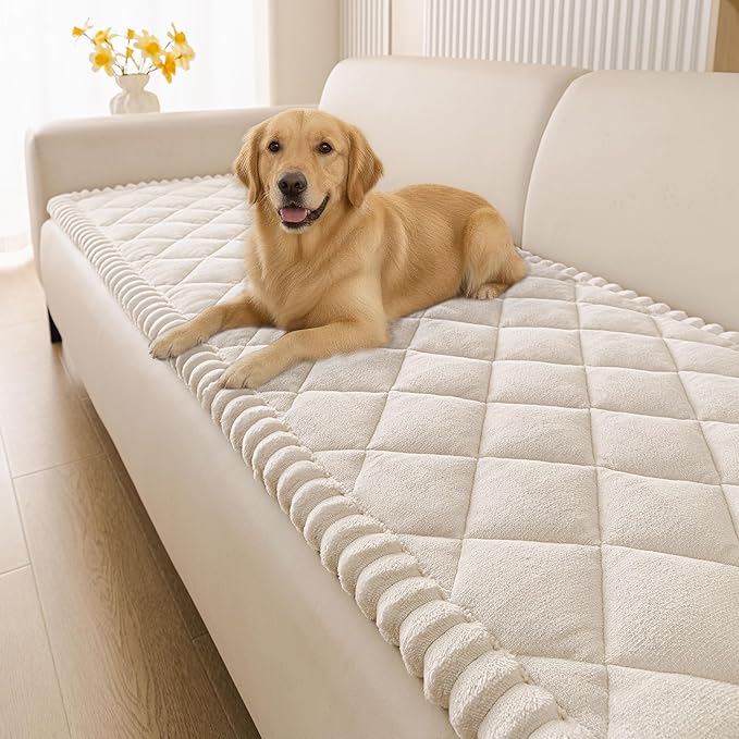 Smiry Fuzzy Couch Cover for Dogs, Non Slip Washable Pet Sofa Cover, Scratch Proof Hair Resistant Plush Sofa Slipcover, Pet Friendly Couch Cushion Protector for Cat, White, 27.6" x 82.7"