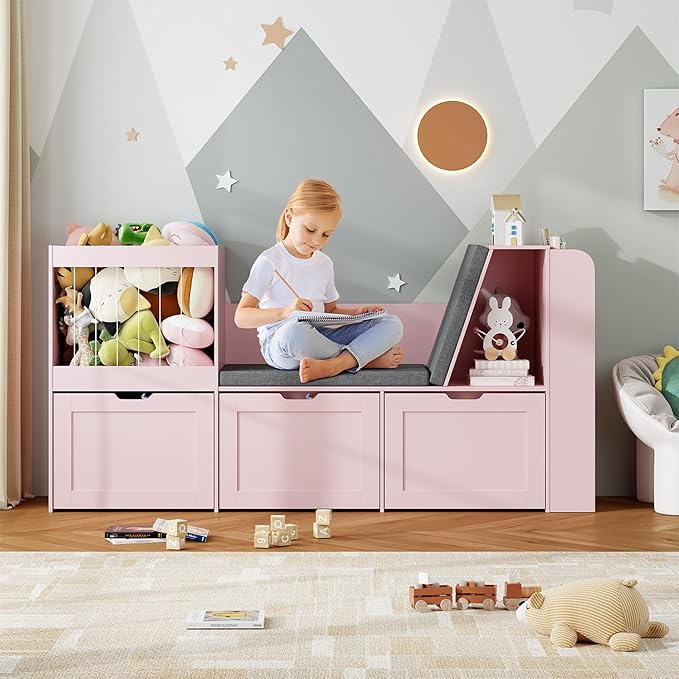 66.9" Kids Reading Nook, Toy Storage Organizer with Stuffed Animal Storage, Bench and Removable Cushions, Wooden Toddler Bookshelf with 3 Movable Drawers for Nursery, Playroom (Pink)