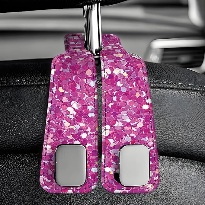 Car Seat Back Storage Headrest Hook, Premium Leather Double Metal Hook, Hanger Storage Organizer for Purse Cloth Bag, Car Interior Accessories Glitter Pink Pattern