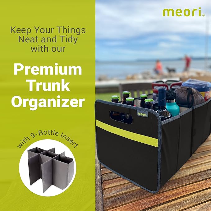 meori Collapsible Trunk Organizer for Car with Bottle Insert for Groceries Road Trips 2 Compartments Heavy Duty Mesh Pocket Ripstop