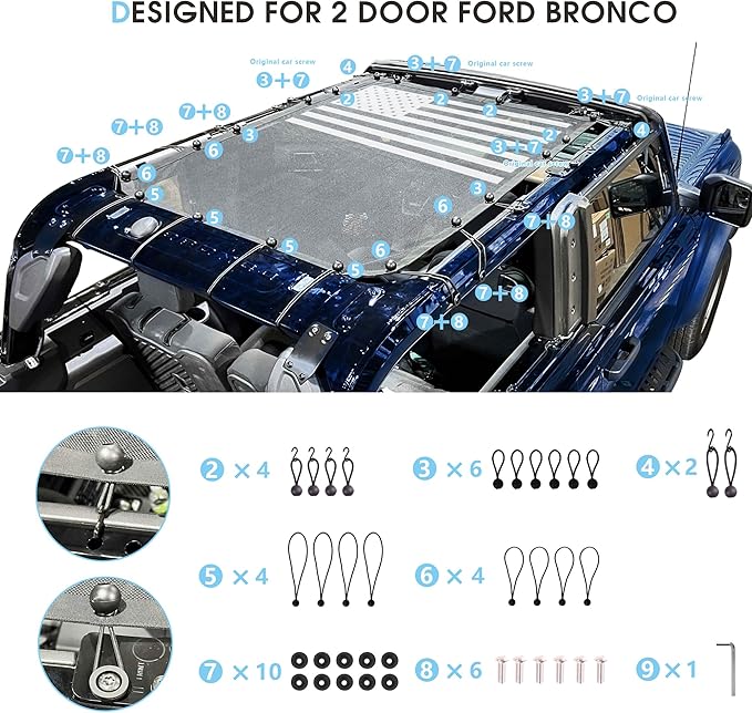 sukemichi 2 Door Sunshade for Ford Bronco,Mesh Sun Shade Bikini Top Cover Bimini Top for Ford Bronco Accessories 2021 2022 2023 2024 2025 2026 2 Door - Blocks UV, Wind, Noise(Flag)