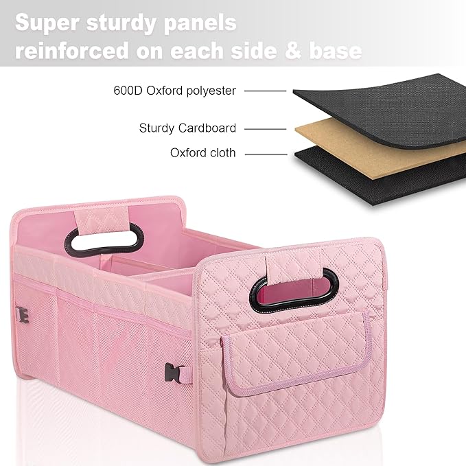 JiatuA Car Trunk Organizer for SUV, Car Storage Organizer Collapsible Multi Compartment Container Box, Adjustable Car Accessories for Women/Men, Pink