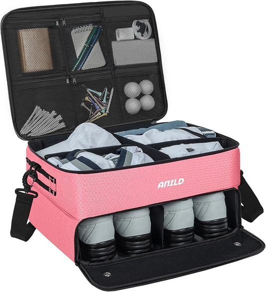 ANILD Golf Trunk Organizer, 2 Layer Golf Storage Case with Separate Ventilated Compartment for 2 Pair Shoes, for Balls, Tees, Clothes, Gloves, Accessories, Golfer Gifts