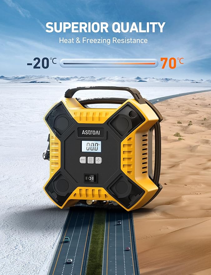 AstroAI Air Compressor Tire Inflator Portable Air Pump for Car Tires, 12V DC Integrated Metal Structure Tire Pump 160PSI with LED Light for Cars, Bicycles, Motorcycles, and Other Inflatables(Yellow)