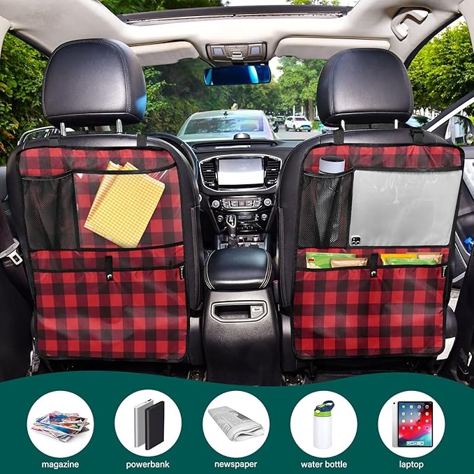 2 Pack Back Seat Car Organizer with Storage Pockets Kick Mats Back Seat Protector Hanging Car Organizer Automotive Seat Back Cover Organizers Red and Black Buffalo Plaid
