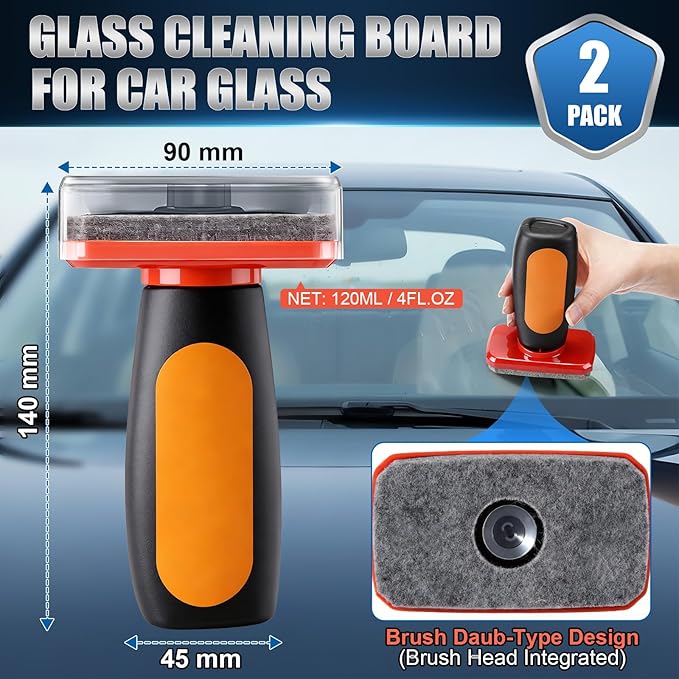 Dreyoo Glass Cleaner, Glass Oil Film Remover for Car, 120ml Roll-on Oil Film Remover with Cleaning Board, Automotive Cleaning Brush for Car Windows, Improves Clarity and Visibility (2pcs)