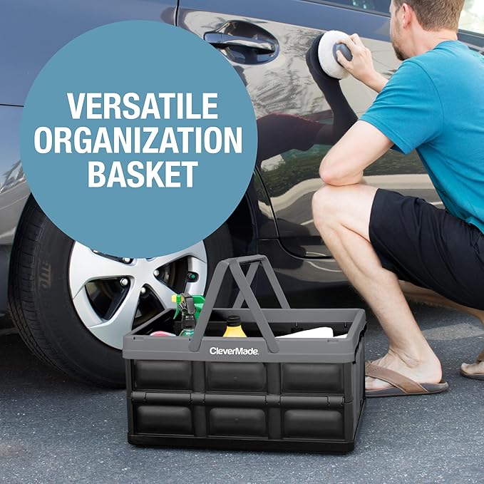 CleverMade Collapsible Shopping Basket 32L – Folding Grocery Basket with Handles, Stackable Reusable Storage Crate with 35 lb Capacity, Recycled Plastic, Car Trunk Organizer - Stone Gray