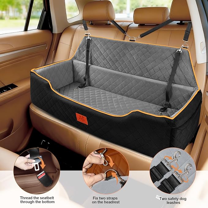 XIEEAOZEE Large Dog Car Seat, Memory Foam Dog Car Bed for Backseat & Trunk, Washable Pet Booster Seat Under 100 lbs or 2 Medium Dogs, Pet Travel Seat with Storage Pockets,2 Safety Belts