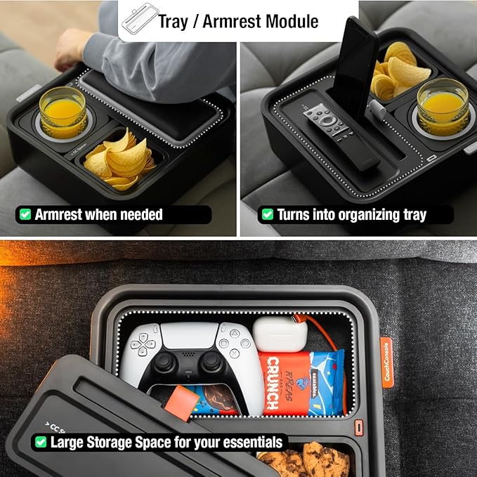 CouchConsole Original Tray - Drinks & Snacks Sofa Caddy with Armrest, Table with Phone Stand- TV Remote Control Storage and Organizer - for Living Rooms, RV, and Cars, Black/Black