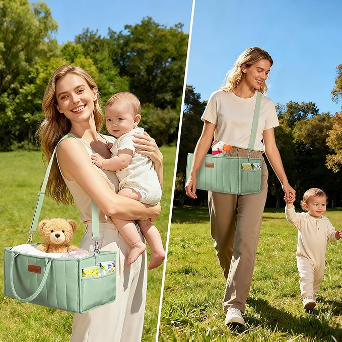 Zooawa Baby Diaper Caddy Organizer, Portable Nursery Storage Basket with Compartments, Handle & Shoulder Strap for Newborn Baby Essentials, Gift for Baby Shower, Nursery, Travel, Car, Matcha Green