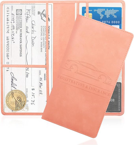 Car Registration and Insurance Holder,PU Leather Car Glove Box Organizer Car Document Holder for ID,Driver's License,Universal Car Organizer Car Accessories for Women/Men (Pink)