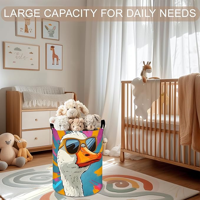 Duck Laundry Basket Hamper 19.7"x15.8", Funny Cartoon Animal Foldable Waterproof Oxford Clothes Storage Bucket for Room Bathroom Bedroom Nursery Decor, Toy Organizer Bins Gifts for Kids Boys Girls