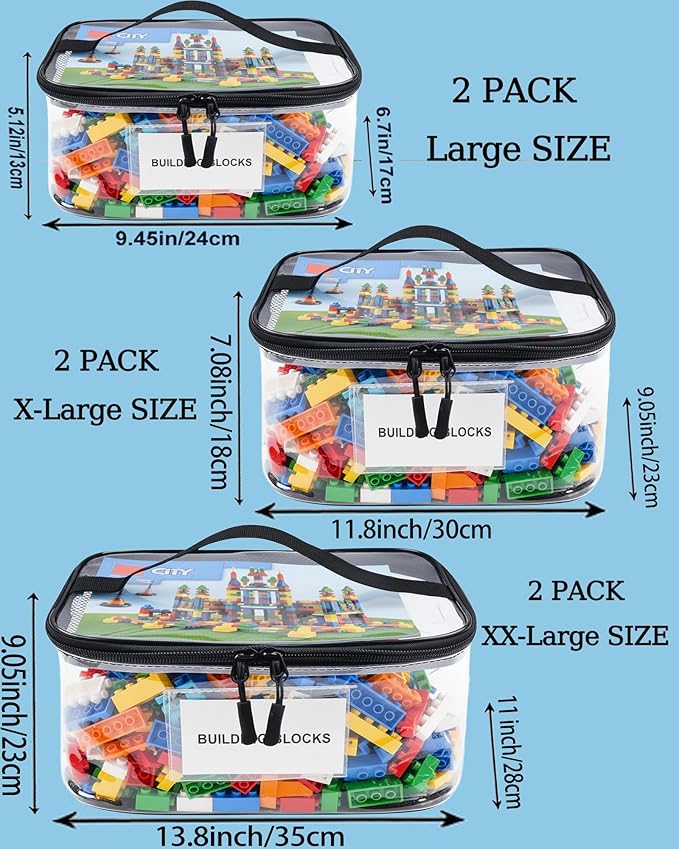 6 Pack Extra Large Clear Toy Storage Bags with Tag & Pocket – Versatile Waterproof Organizer Bags for Lego Bricks, Board Games, Building Blocks, Puzzles, Dolls, Books (Mixed Sizes-Black-6 Pack)