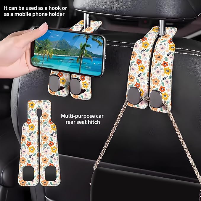 Car Seat Back Storage Headrest Hook, Premium Leather Double Metal Hook, Hanger Storage Organizer for Purse Cloth Bag, Car Interior Accessories Colorful Small Flowers