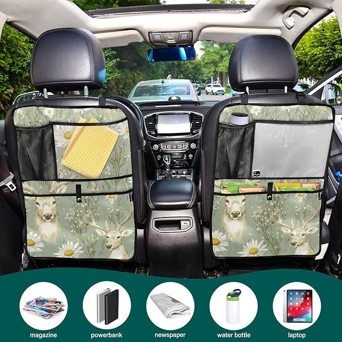 Sage Daisy Deer 1 Pack Backseat Car Organizer with Storage Pockets Seat Back Organizers for Kids Kick Mats Backseat Protector Automotive
