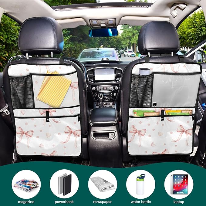 Pink Bows Backseat Organizer 1 Pack Kick Mats with Pockets Backseat Protector Seat Covers for Car Storage Travel Accessories