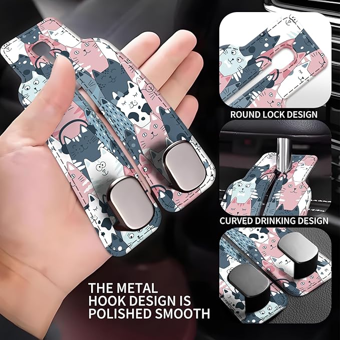 Car Seat Back Storage Headrest Hook, Premium Leather Double Metal Hook, Hanger Storage Organizer for Purse Cloth Bag, Car Interior Accessories Cute Funny Cats