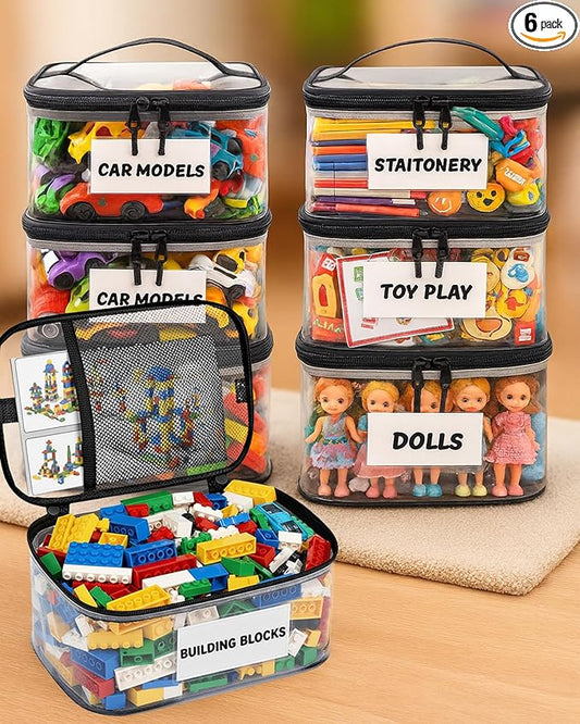 6 Pack Extra Large Clear Toy Storage Bags with Tag & Pocket – Versatile Waterproof Organizer Bags for Lego Bricks, Board Games, Building Blocks, Puzzles, Dolls, Books (Black-M Size-6 Pack)