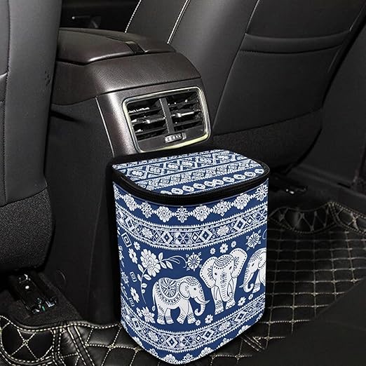 Talayituse Boho Mandala Elephant Print Car Trash Can with Lid, Leak Proof Auto Trash Bag Hanging Vehicle Garbage Can Multipurpose Storage Container for Back Seat Road Trip