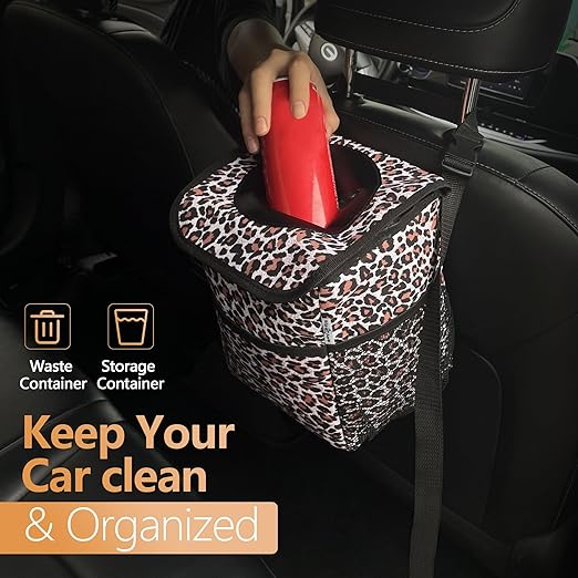 Big Ant Leopard Car Trash Can with Lid & Coasters | 2 Gallon Leak-Proof Hanging Garbage Bin for Back Seat | Waterproof Storage Organizer & Cooler Bag for Road Trips, SUVs & Family Travel