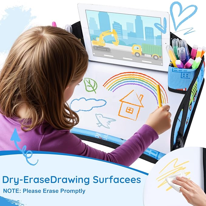 Kids Travel Tray, Kids Travel Trays for Car Seat, Road Trip Essentials for Toddler, Carseat Lap Tray with Dry Erase Board & Storage Organizer for Road Trip Activities for Kid, Light Blue