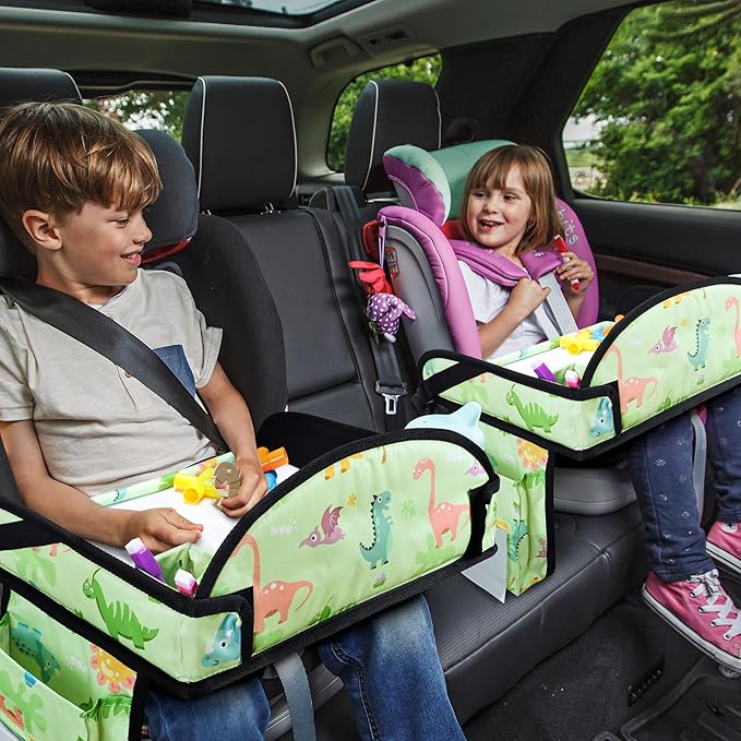 Kids Travel Tray, Car Seat Tray for kids Travel, Toddler Road Trip Essentials With Drawing Kit, Toddler Lap Desk Organizer for Car, Carseat Table for Airplane