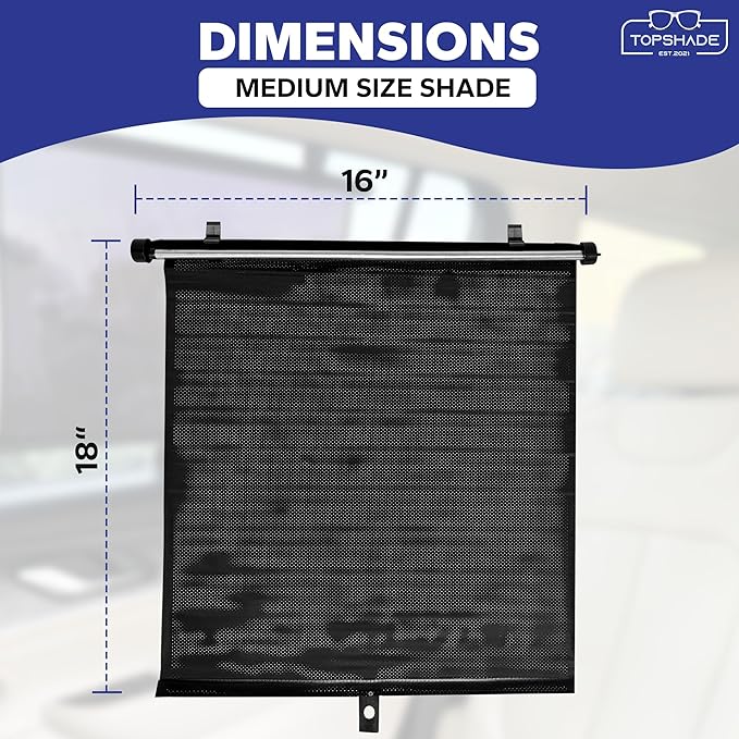 TopShade Car Window Roller Shade - Retractable Auto Side Window Sun Shade for Cars, Trucks, SUVs - UV Protection & Heat Blocker - Baby & Pet Safe - Easy Install (2 Pack, Medium, Black)