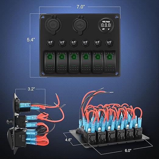 Nilight - 90123F 6 Gang ON Off Rocker Switch Panel Green Backlit 12V24V LED Digital Voltmeter Dual USB Charger Cigarette Lighter Socket Overload Protection Switch Panel For Cars RVs Boats