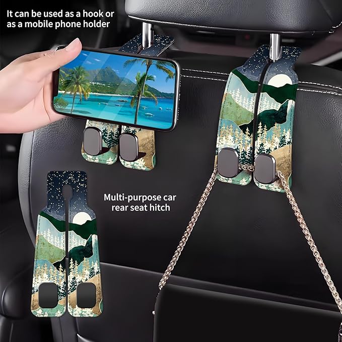 Car Seat Back Storage Headrest Hook, Premium Leather Double Metal Hook, Hanger Storage Organizer for Purse Cloth Bag, Car Interior Accessories Cute Mountain Moon