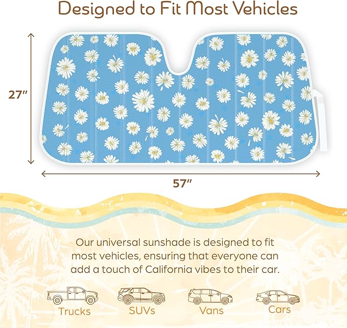 C&C Blue Daisy Car Windshield Sun Shade - Sun Visor Sunshade for Car Windshield - Window Shades for Cars, SUV & Truck - Dash Cover UV Protection for Front Window Shade Accessories - 57" x 27"