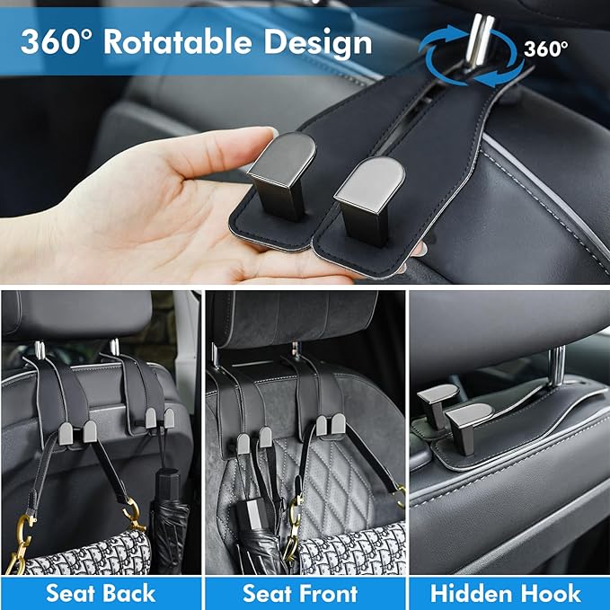 Car Hooks for Headrest, Leather Car Seat Back Storage Organizer Interior Accessories, More Wide & Deep Auto Seat Hook Hangers for Purse Umbrellas Handbag Clothes Coats Grocery Bags (Black-1 Pack)
