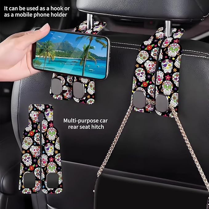 Car Seat Back Storage Headrest Hook, Premium Leather Double Metal Hook, Hanger Storage Organizer for Purse Cloth Bag, Car Interior Accessories Luxury Flower Skull