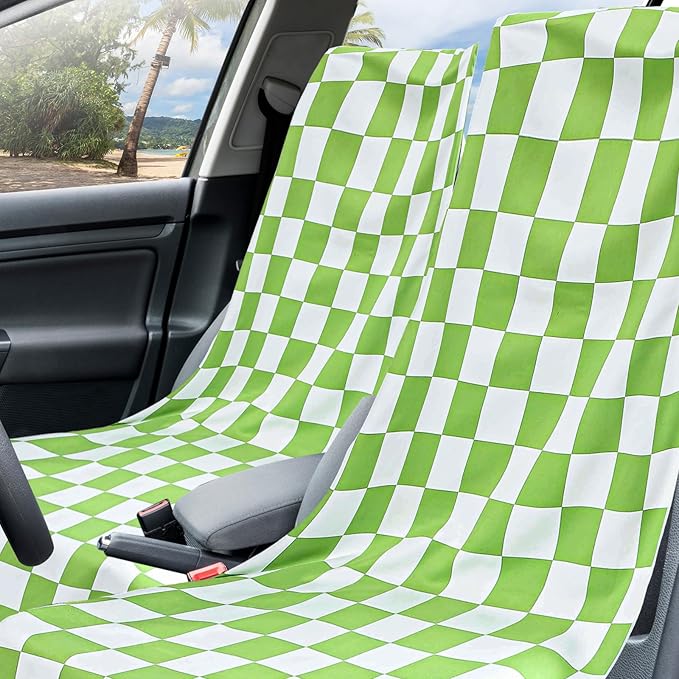 Hahafelt 2 Pack Car Seat Towel Covers with Storage Bag 63 x 32 Inch Athletic Running Towel Seat Sweat Washable Non Slip Cover Gift for Car Outdoor Sport Activities (Green and White Plaid)