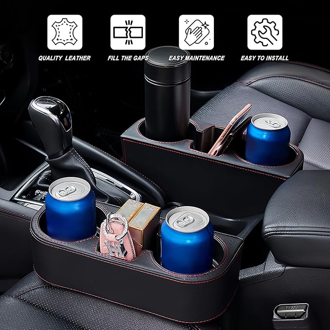Car Cup Holder for Seat Gap Filler, PU Leather Car Seat Gap Filler Organizer Storage Box, Multifunctional Automotive Interior Accessory with Cupholder & Phone Holder (Black)