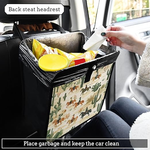 Car Trash Can Organizer Bin with Adjustable Strap for Back Front Seat Console Waterproof Leakproof Collapsible Portable 11 Inch Cute Cacti Desert Cowboys Horses