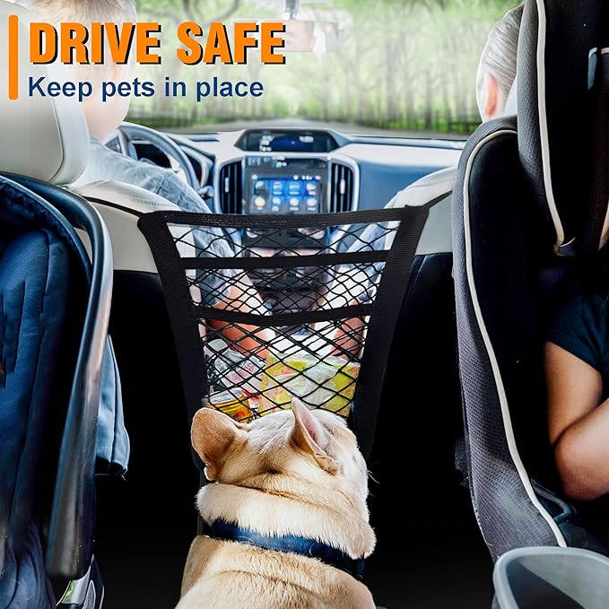 Universal Dog Car Net Barrier – Sturdy Mesh, Easy Install, Breathable Design, Easy to Clean, Flexible Bungee Cords for Adjustable Fit 23"×23" (Black) (3-Layer Mesh)