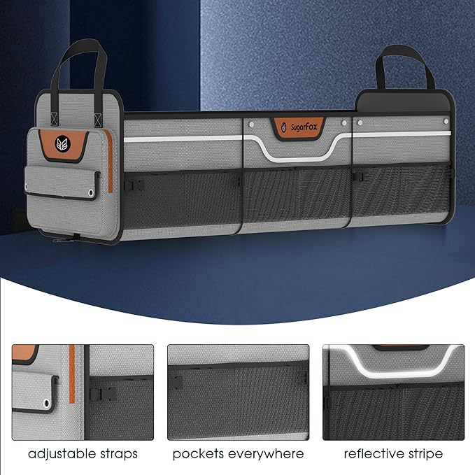 Car Trunk Organizer for SUV, Heavy Duty Waterproof Trunk Organizer, Foldable Collapsible Car Organizer with Cooler, Multi-Compartment Large Trunk Organizer (95L), Gray-M003