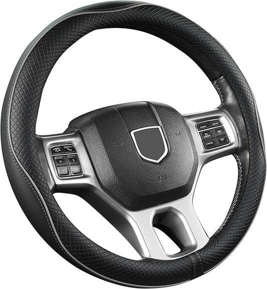 West Llama Customized Auto Car Steering Wheel Cover for Dodge RAM 1500 2500 3500, 15.5-16 inch (Black+Gray Line-Large Size)