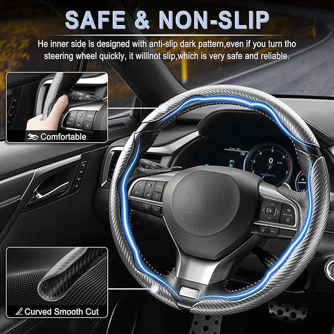 Amiss 3pcs Carbon Fiber Anti-Skid Steering Wheel Cover, Waterproof & Segmented Butterfly Design, Universal 99% Vehicle Wheel Cover Protector, Car Interior Accessories (Gray-3pcs)