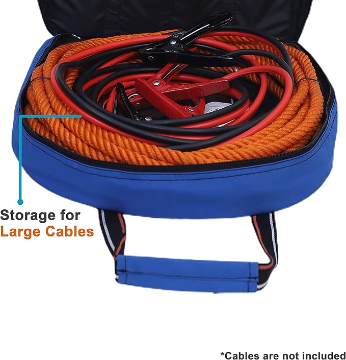 BULL TOOLS EV Charging & Jumper Cable Storage Bag, Organizer 6 Pocket Handmade Carry Bag - 15x15x4 Inch Waterproof Ballistic Polyester Oval Bag, Cords, Small Tools, For Motor Vehicles - Blue