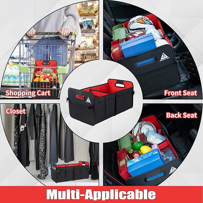 JOJOY LUX Car Trunk Organizer with Multi Compartments - Automotive Collapsible Cargo Containers with 11 Pockets & Reinforced Handles, Vehicle Grocery Organizer Bin Caddy Bag for SUV Van Truck