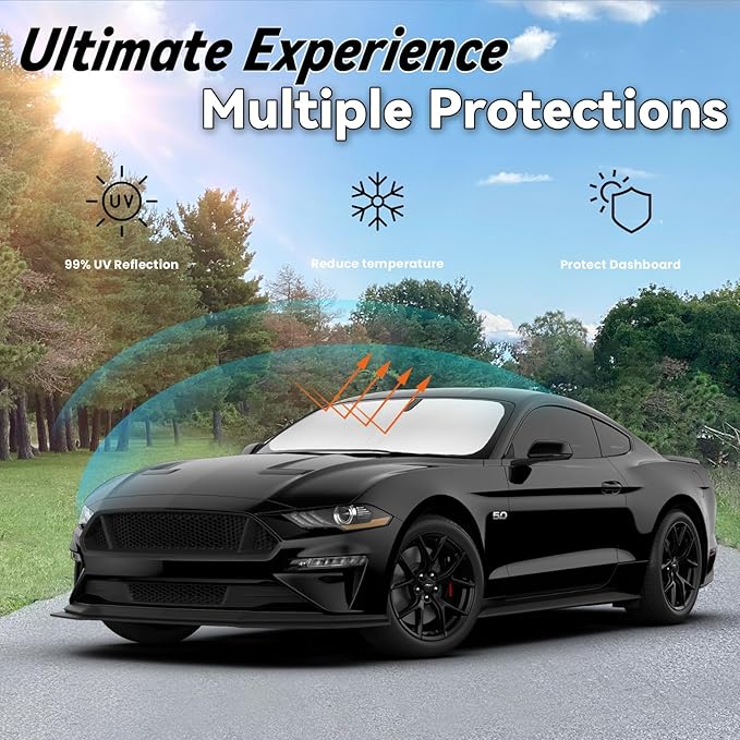 Windshield Sun Shade for 2015-2025 2026 Ford Mustang (Not for Mach-E), Car Front Window Sunshade with 240T Sun Visor Protector Blocks UV Rays Heat Sun Shield Accessories