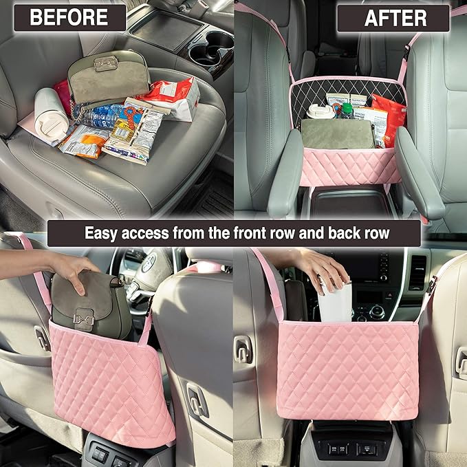 Pink Handbag Holder for Car,Durable Pu Leather Car Organizer Back Seat Net Bag Driver Storage Netting Pouch Seat Back Net Bag Backseat Pet Kids Barrier