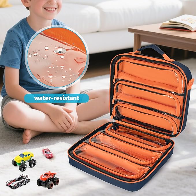 Toy Cars Carry Case Compatible with Hot Wheels Monster Trucks, Travel Truck Storage Compatible with Monster Jam Trucks up to 30, with Display Front Pocket for 1:64 Scale Mini Toy Cars, Blue, Bag Only