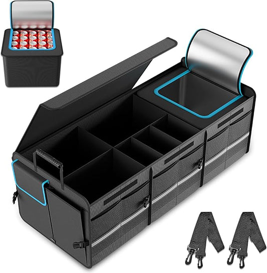 MEI&CO Car Trunk Organizer - 2.5mm PP Board Built, 35L Leakproof Cooler, 105L Capacity, 2 Tie-Down Straps, 4 Adjustable Dividers, Foldable Design for SUVs, Trucks, and Cars